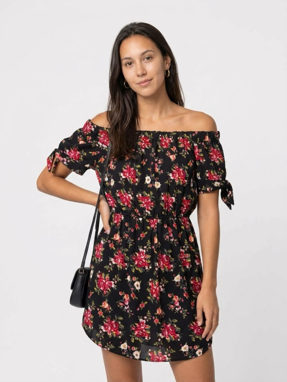 Hint of Blush Floral Off-the-Shoulder Mini Dress with Tie Sleeves